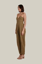 Load image into Gallery viewer, Sweetheart Baggy Jumpsuit in Brown Thick Woven Linen
