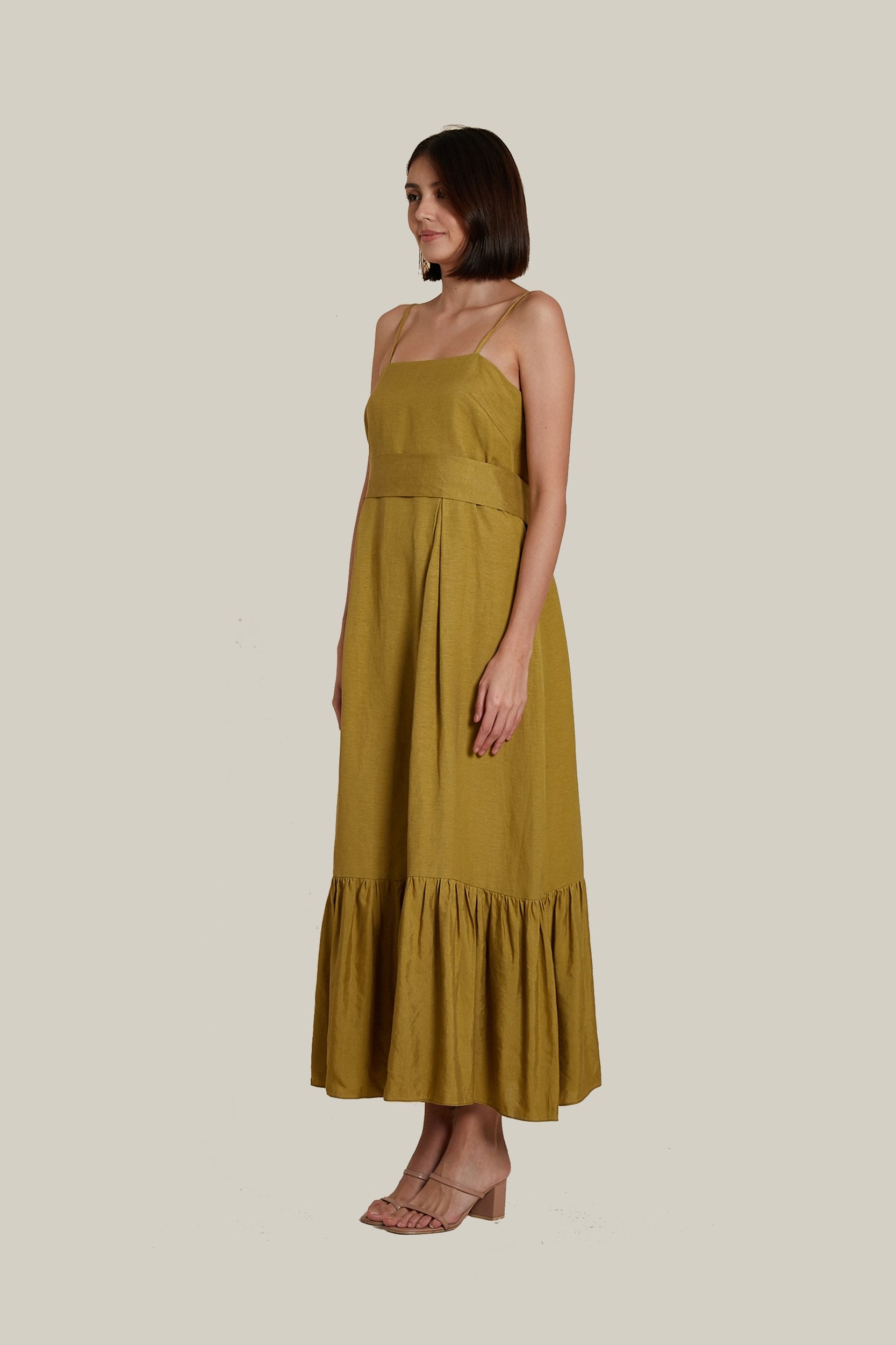 Slip On Dress in Olive Linen