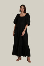 Load image into Gallery viewer, Back Zip Puff Sleeve Dress in Black Linen
