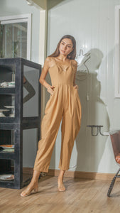 Sweetheart Baggy Jumpsuit in Dark Tan Linen