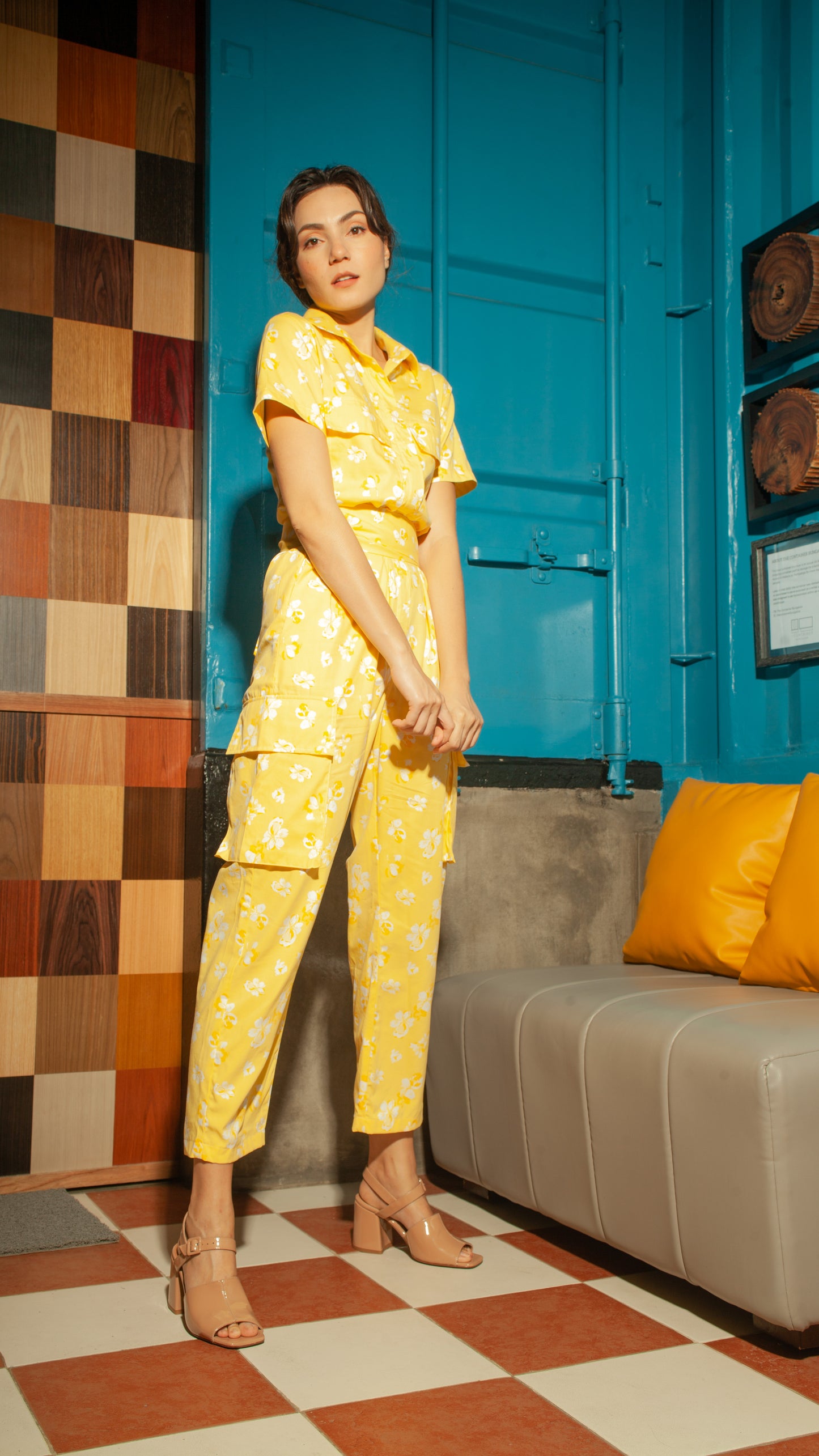 Short Sleeve Tapered Jumpsuit — Yellow Floral