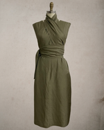 Load image into Gallery viewer, Wide Wrap Belt Dress — Fatigue Green Linen
