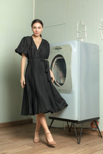 Load image into Gallery viewer, Short Mushroom Sleeve Wrap Midi Dress — Black
