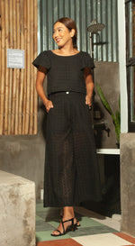 Load image into Gallery viewer, Flat Waistband Wide Hem Pants with Belt Loop in Black Eyelet
