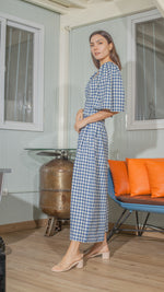 Load image into Gallery viewer, Double Front Pleat Wide Leg Pants in White and Blue Gingham Linen
