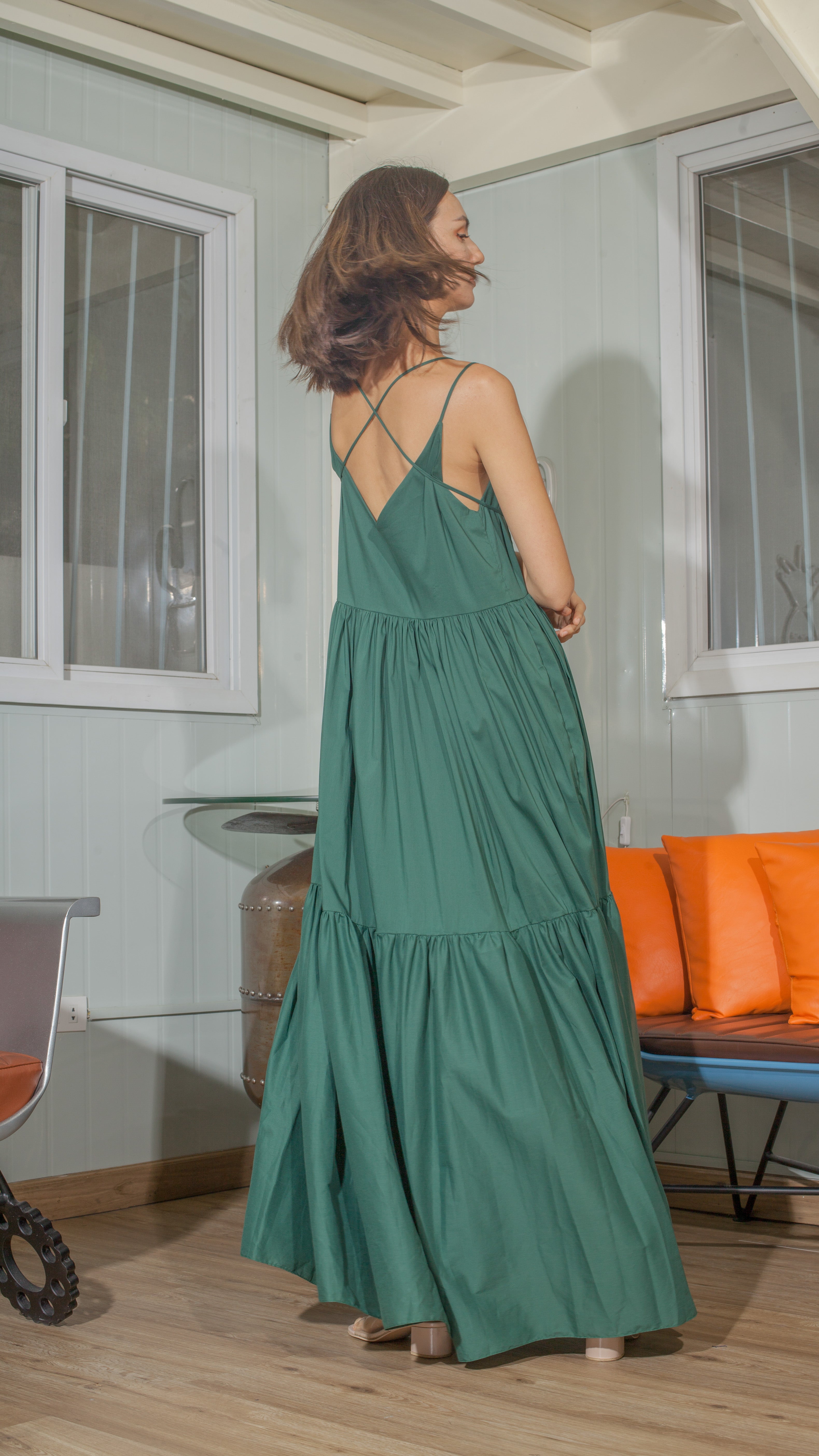 Double Strap V-Neckline Long Dress in Plant Lightweight Cotton Weave