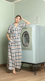 Load image into Gallery viewer, Four Button Lapel Wide Hem Jumpsuit — Blue and Pink Gingham

