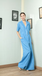 Load image into Gallery viewer, Four Button Lapel Wide Hem Jumpsuit — Azure Blue
