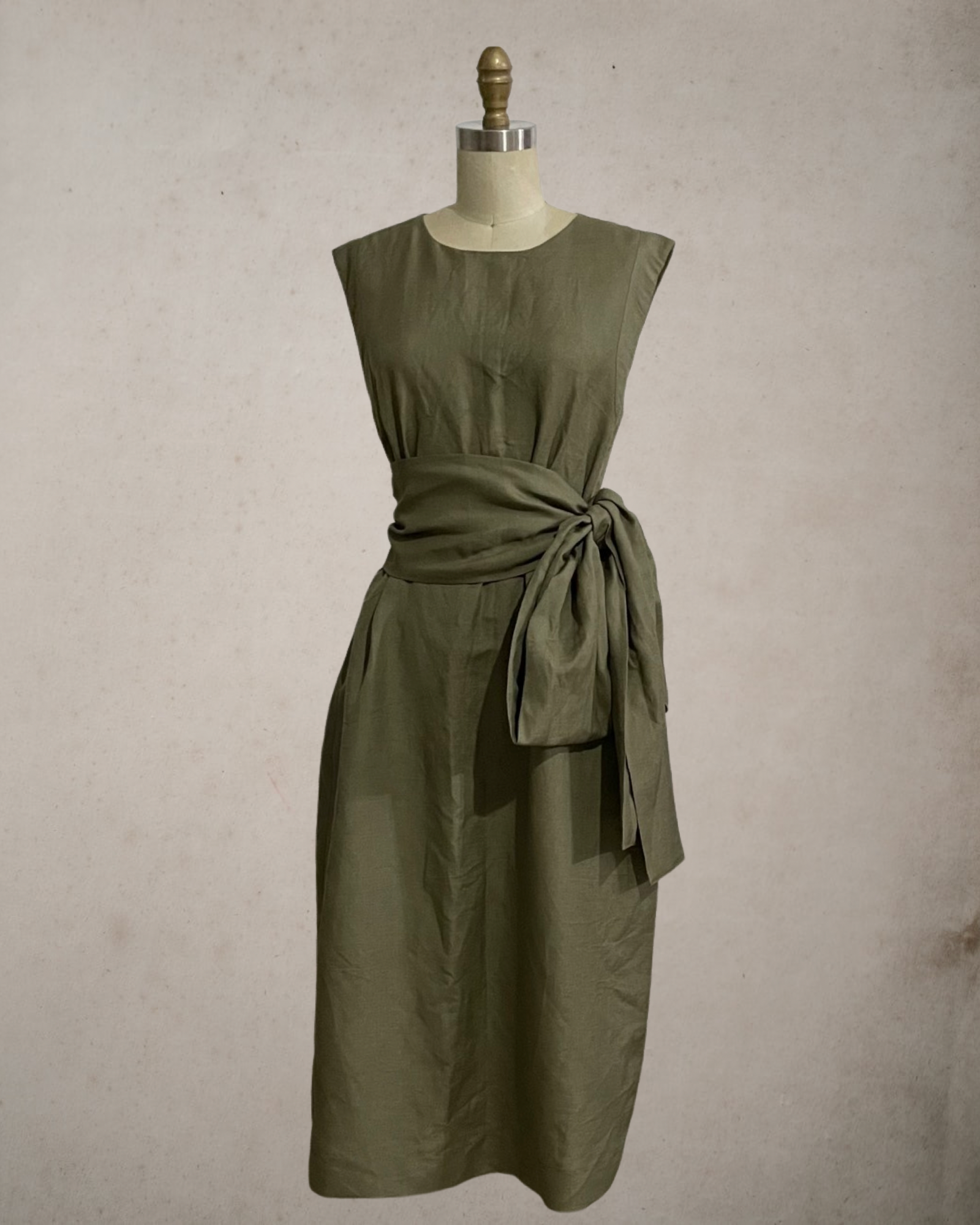Wide Wrap Belt Dress — Fatigue Green Linen