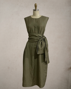 Wide Wrap Belt Dress — Fatigue Green Linen