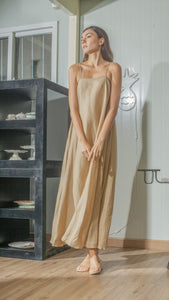 Spaghetti Strap Balloon Dress in Tan Linen