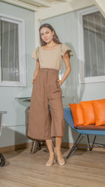 Load image into Gallery viewer, Single Button Front Zip Flat Front Waistband Back Elastic Wide Hem Pants — Dark Brown
