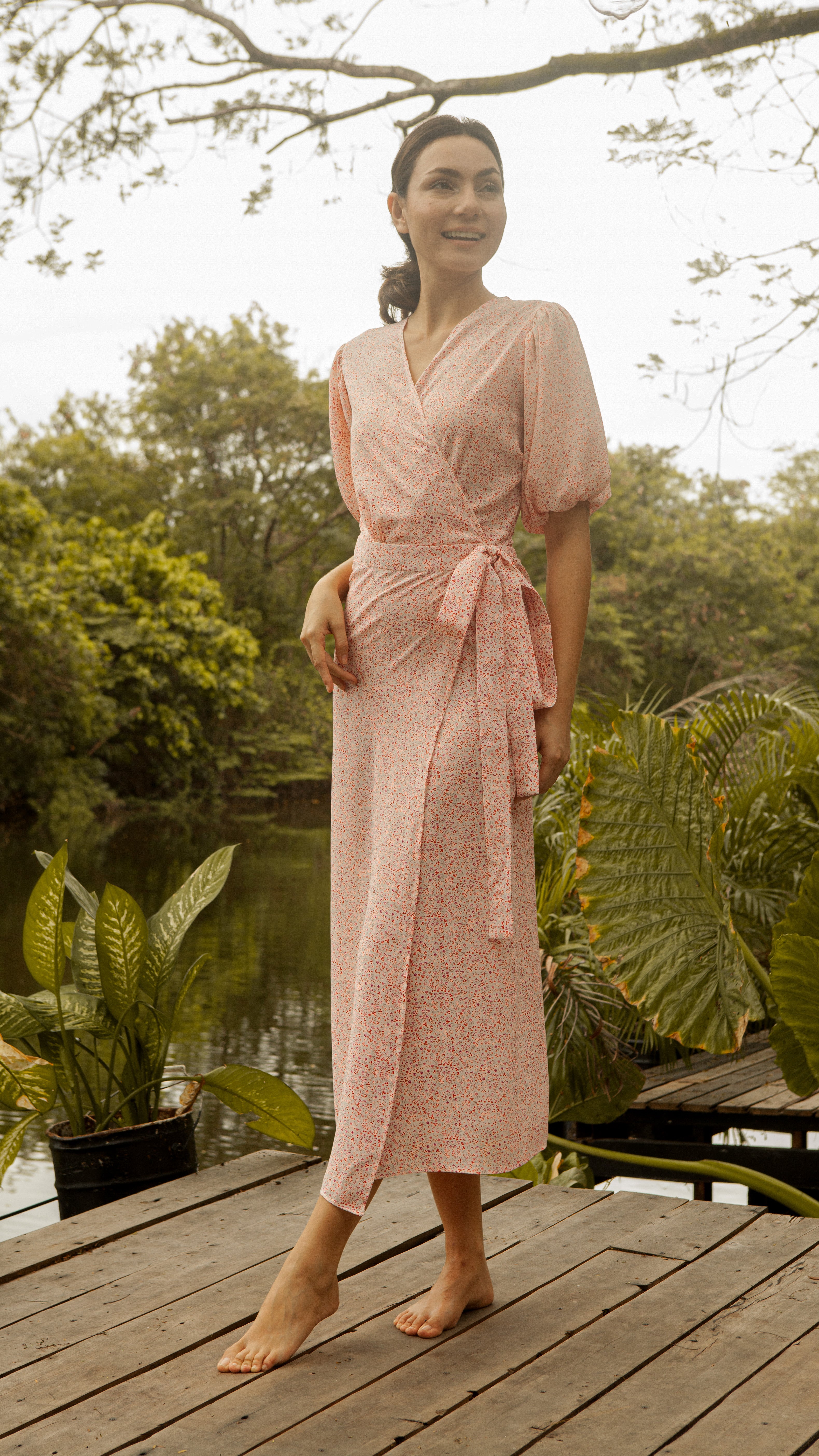 Short Mushroom Sleeve Wrap Long Dress — Floral