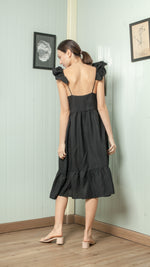 Load image into Gallery viewer, Adjustable Scallop Shoulder Detail Shirred Dress — Black
