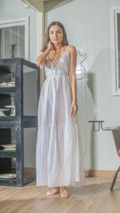 Double Strap V-Neckline Long Dress in White Linen