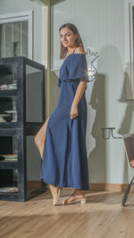 Load image into Gallery viewer, Flounce Cutout Sleeve Double Slit Front Dress in Navy Blue Crepe
