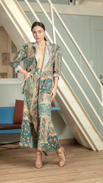 Load image into Gallery viewer, Single Button Flat Waistband Back Elastic Wide Hem Pants — Blue Floral
