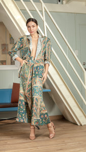 Single Button Flat Waistband Back Elastic Wide Hem Pants — Blue Floral