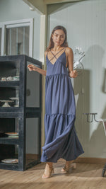 Load image into Gallery viewer, Double Strap V-Neckline Long Dress in Blue Crepe
