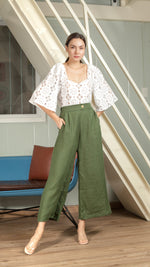 Load image into Gallery viewer, Single Button Flat Front Waistband Back Elastic Wide Hem Pants — Army Green
