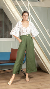 Single Button Flat Front Waistband Back Elastic Wide Hem Pants — Army Green