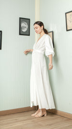Load image into Gallery viewer, 3/4 Mushroom Sleeve Wrap Long Dress — White
