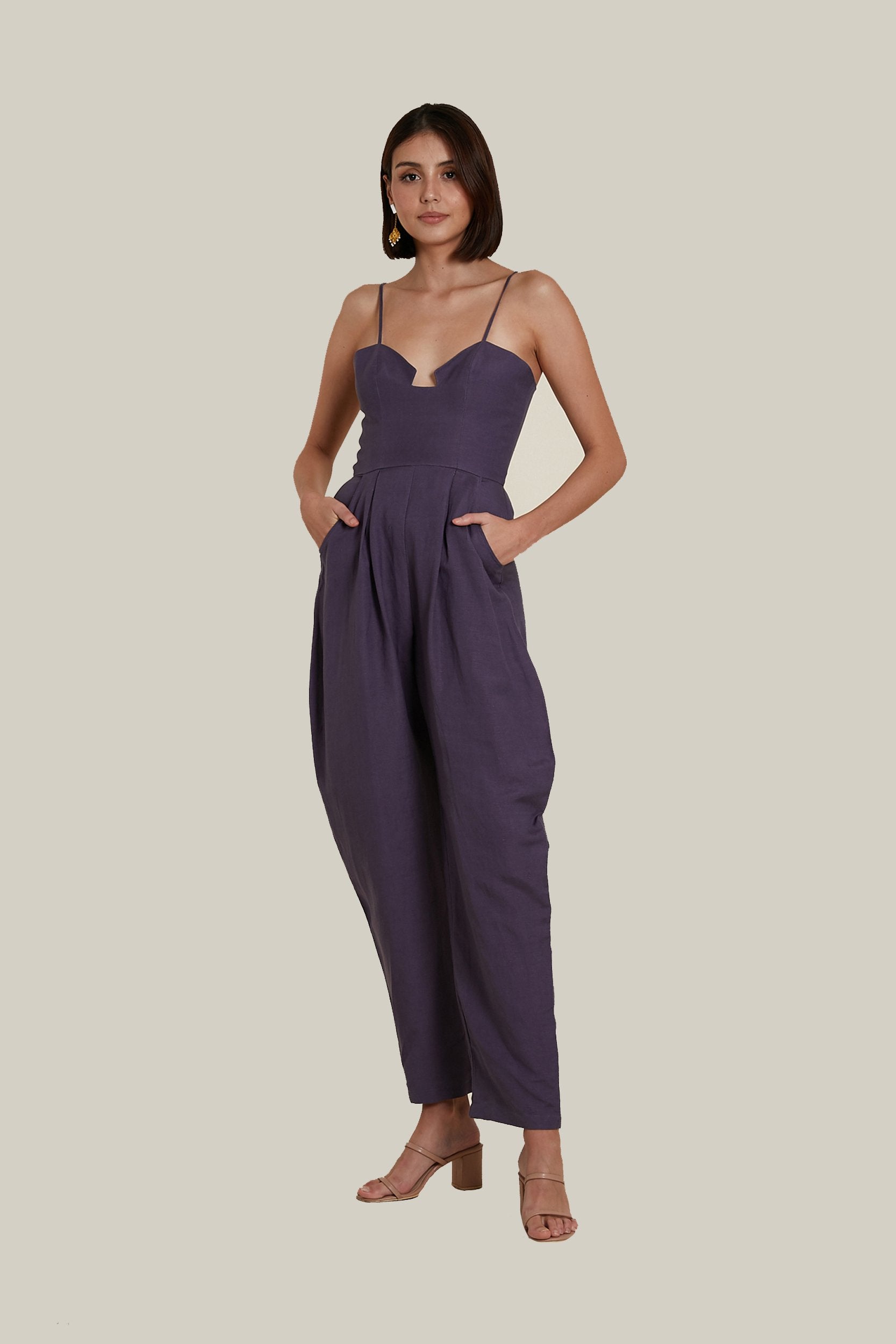 Sweetheart Baggy Jumpsuit in Deep Purple Linen