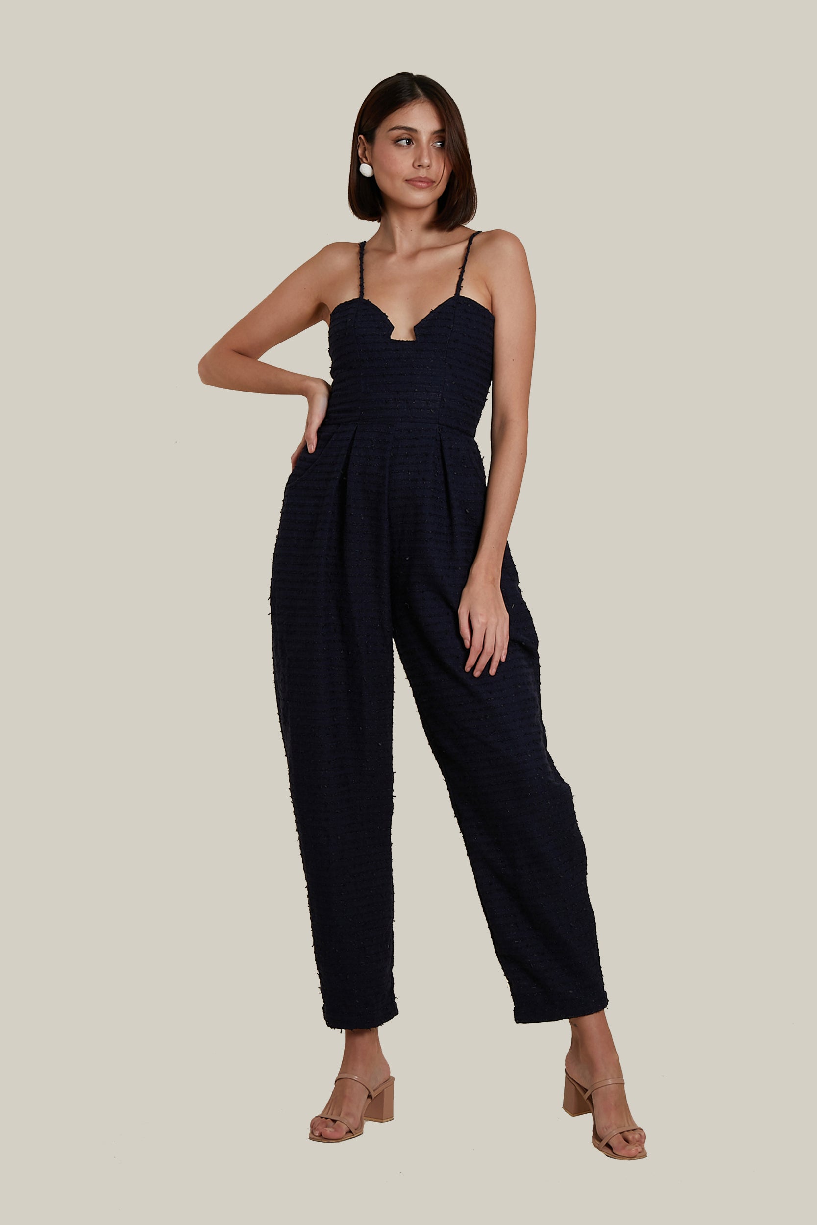 Sweetheart Baggy Jumpsuit in Dark Blue Tweed