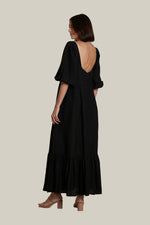 Load image into Gallery viewer, Back Zip Puff Sleeve Dress in Black Linen
