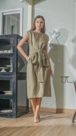 Load image into Gallery viewer, Wide Wrap Belt Dress — Fatigue Green Linen

