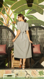 Load image into Gallery viewer, Shirred Waist Stripe Dress — Vertical Blue on Top

