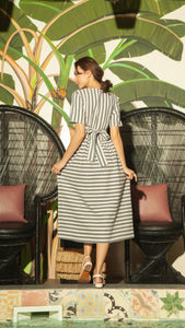 Shirred Waist Stripe Dress — Vertical Blue on Top
