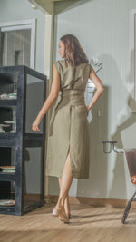 Load image into Gallery viewer, Wide Wrap Belt Dress — Fatigue Green Linen
