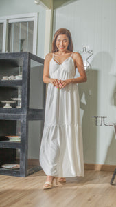Double Strap V-Neckline Long Dress in White Crepe