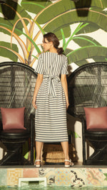 Load image into Gallery viewer, Shirred Waist Stripe Dress — Vertical Blue on Top
