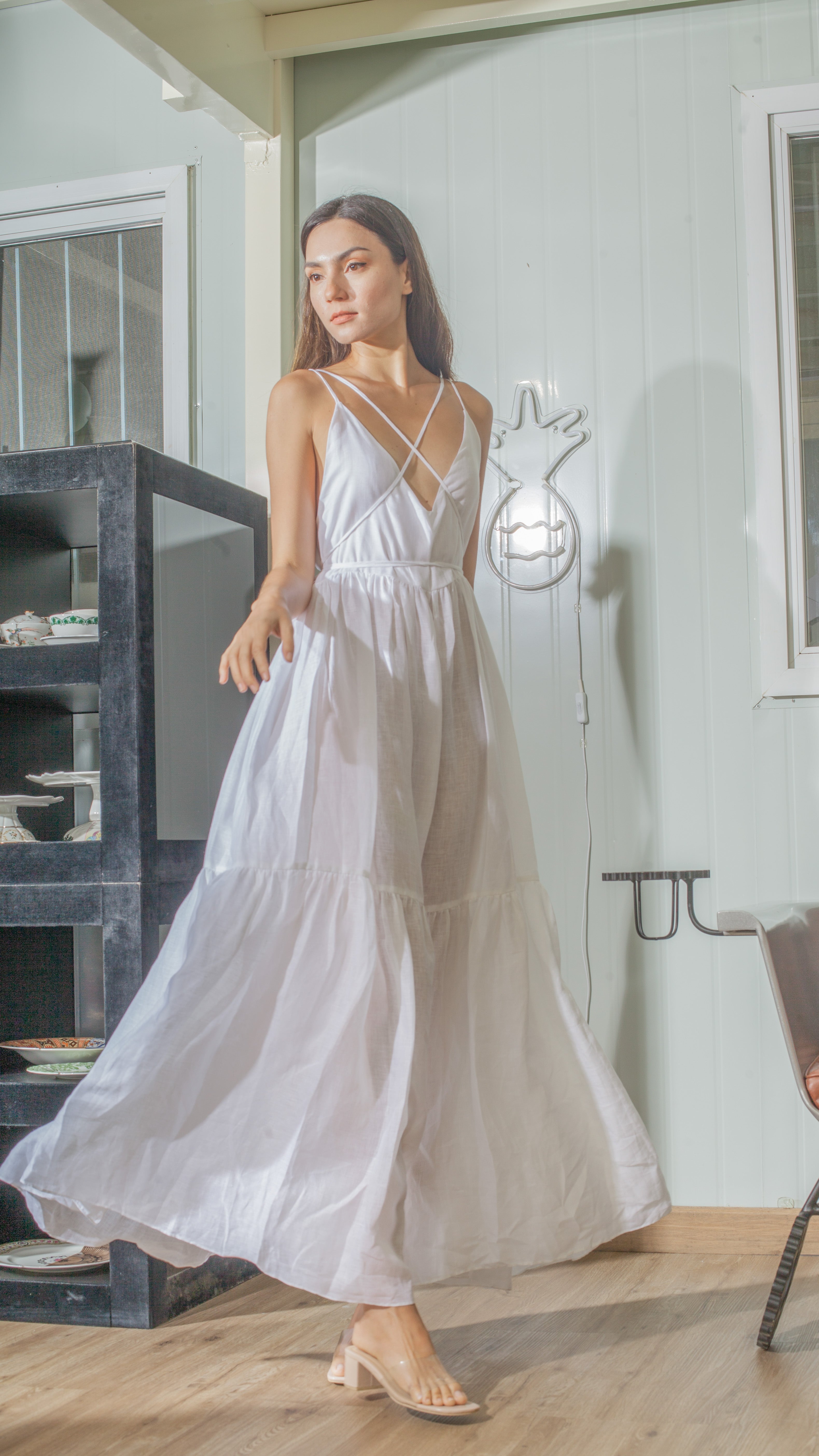 Double Strap V-Neckline Long Dress in White Linen