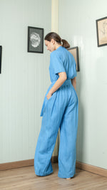 Load image into Gallery viewer, Four Button Lapel Wide Hem Jumpsuit — Azure Blue
