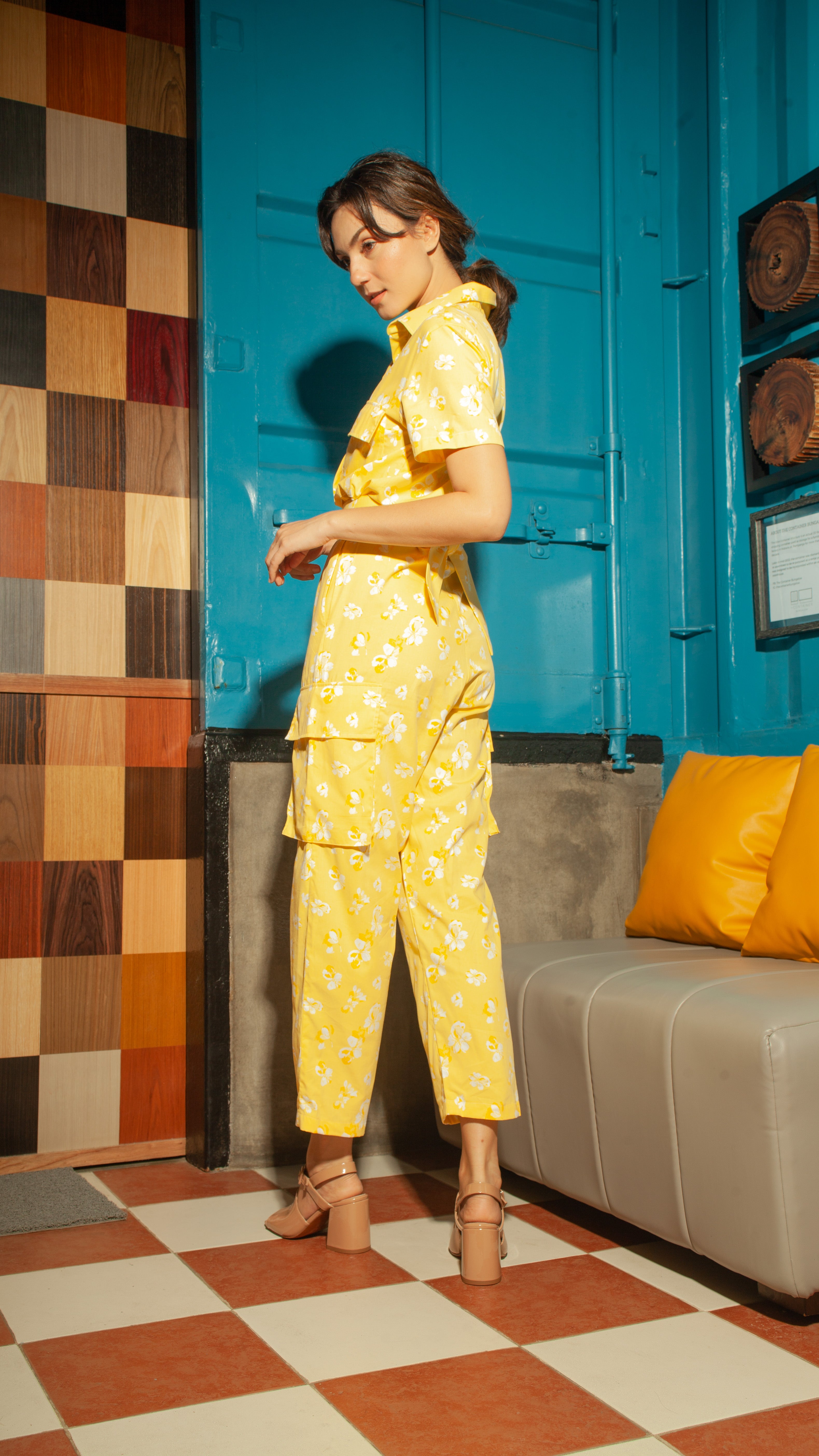 Short Sleeve Tapered Jumpsuit — Yellow Floral
