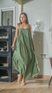 Tie Back Ribbon Dress in Green Lightweight Cotton Weave