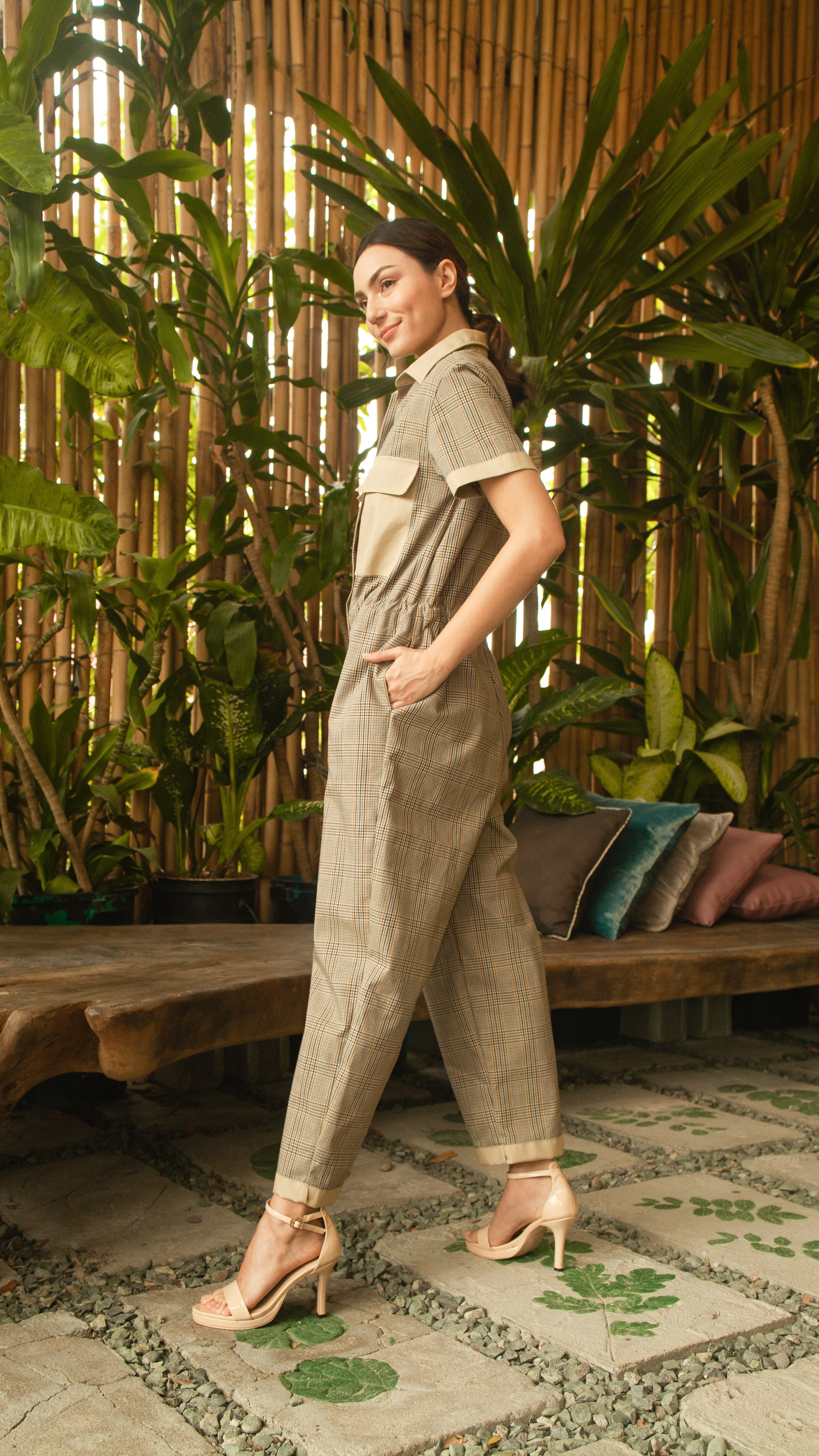 Elastic Waist Oversized Short Sleeve Baggy Jumpsuit — Checkered / Khaki