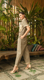 Load image into Gallery viewer, Elastic Waist Oversized Short Sleeve Baggy Jumpsuit — Checkered / Khaki
