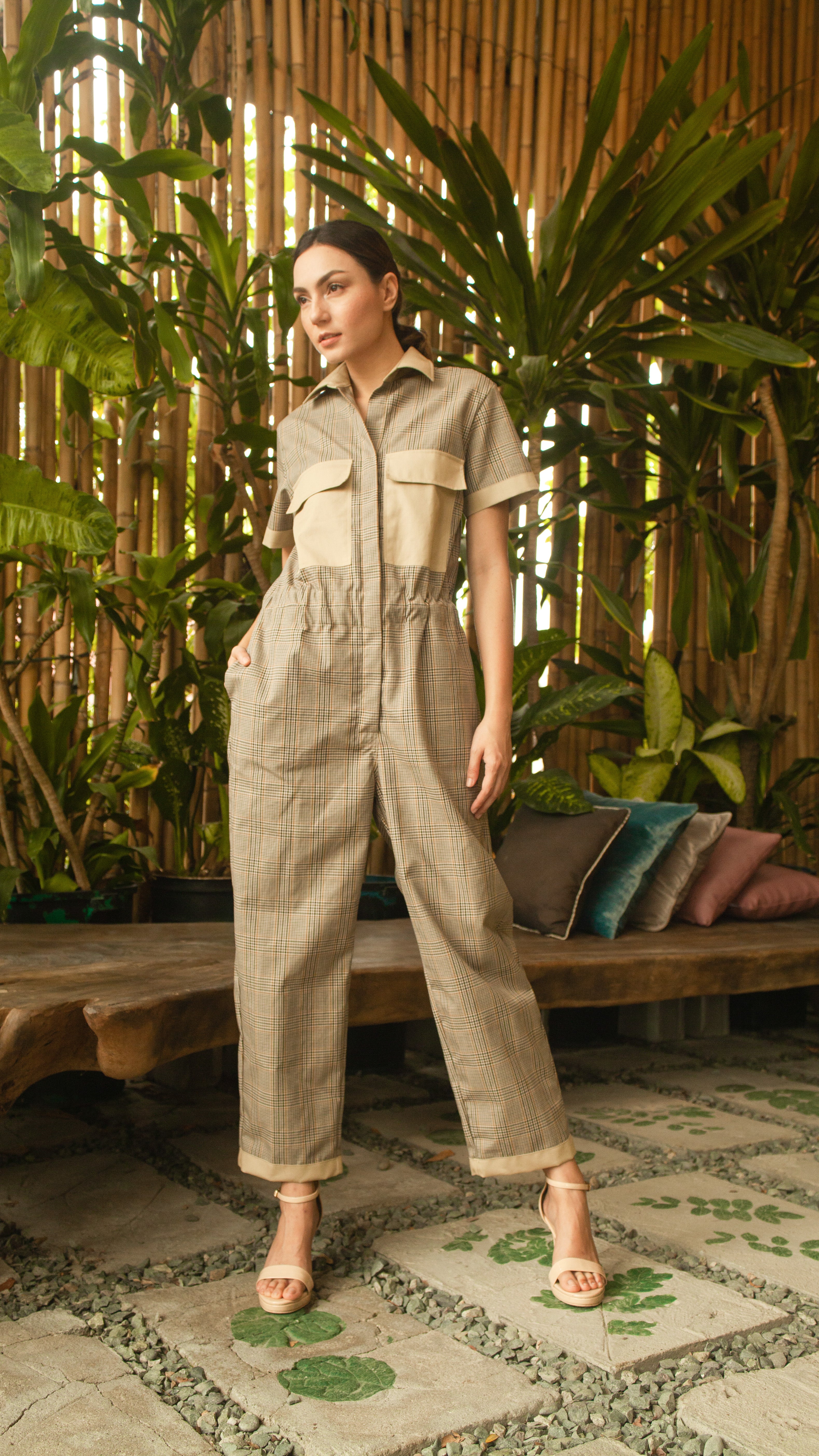 Elastic Waist Oversized Short Sleeve Baggy Jumpsuit — Checkered / Khaki