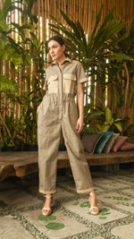 Load image into Gallery viewer, Elastic Waist Oversized Short Sleeve Baggy Jumpsuit — Checkered / Khaki
