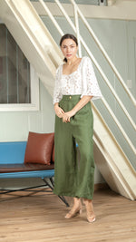 Load image into Gallery viewer, Single Button Flat Front Waistband Back Elastic Wide Hem Pants — Army Green
