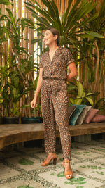 Load image into Gallery viewer, Front Zip Lapel Tapered Jumpsuit — Brown Floral
