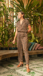 Front Zip Lapel Tapered Jumpsuit — Brown Floral