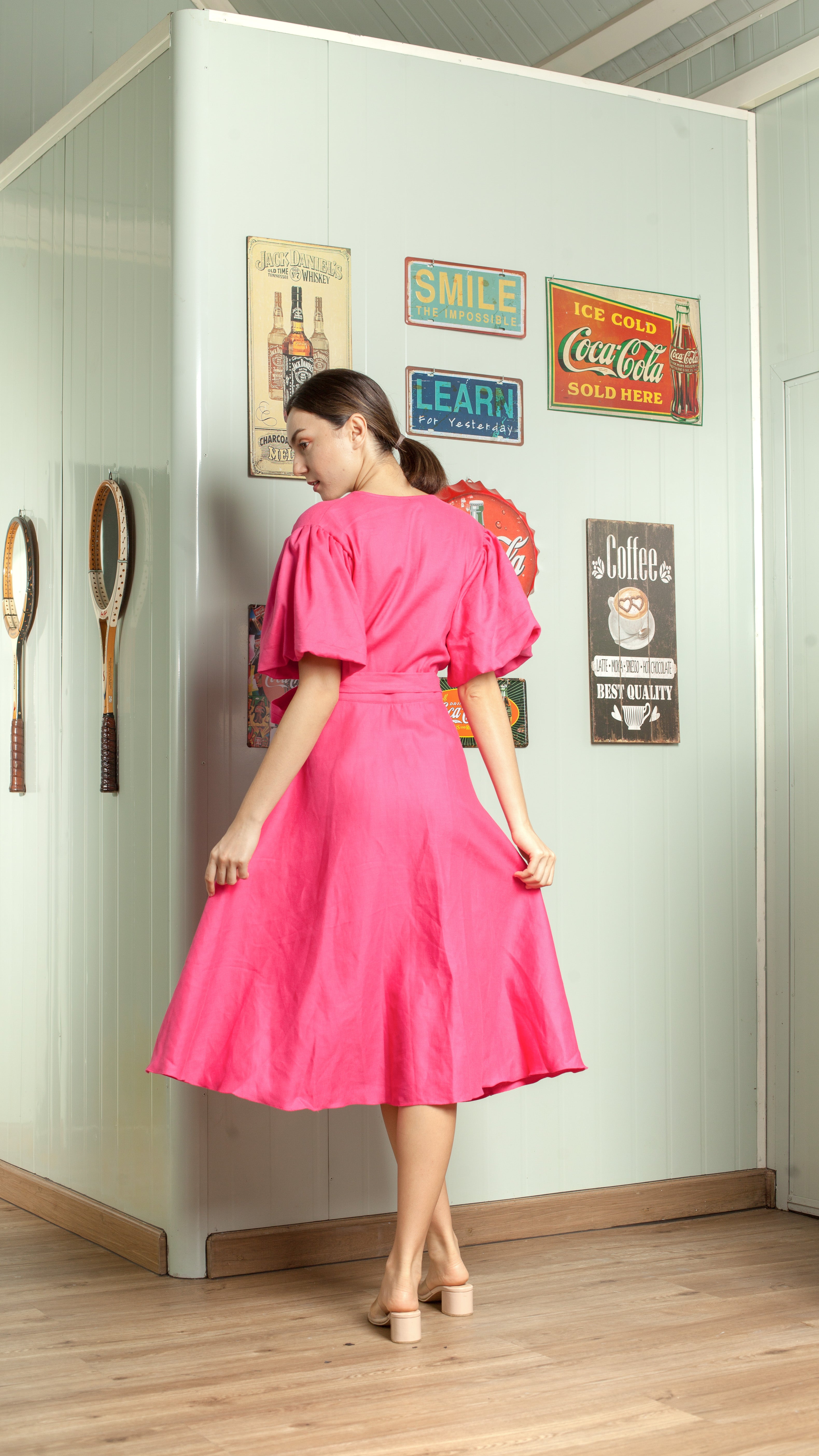 Short Mushroom Sleeve Wrap Midi Dress — Hot Pink
