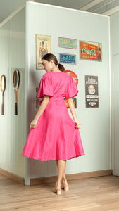 Short Mushroom Sleeve Wrap Midi Dress — Hot Pink