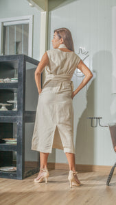 Wide Wrap Belt Dress — Beige Linen