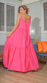 Load image into Gallery viewer, Double Strap V-Neckline Long Dress in Fuchsia Woven Polyester
